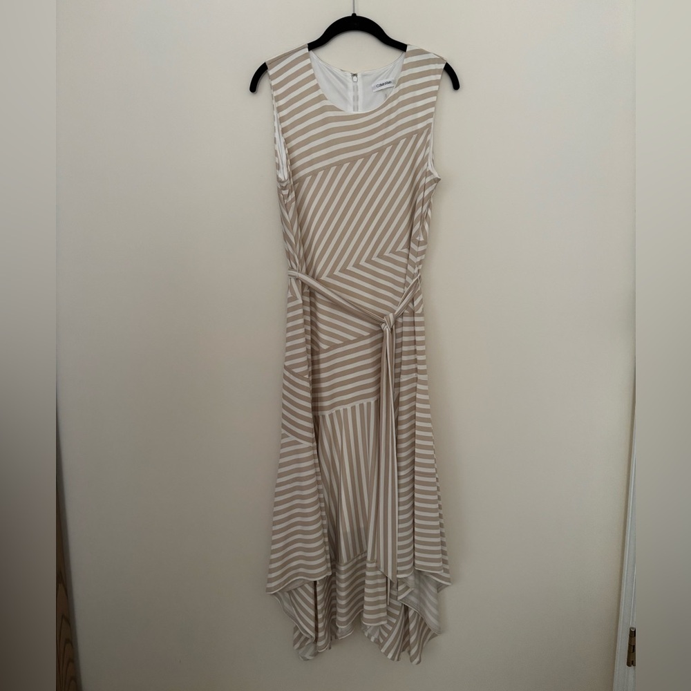 Calvin Klein Beige and White Striped High-Low Sleeveless Dress